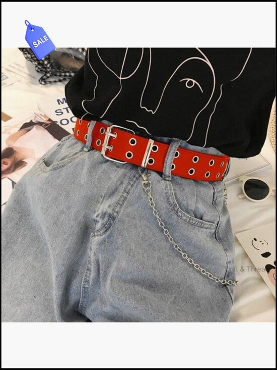 Double Grommet Studded Punk Belt with Detachable Chain main image 6